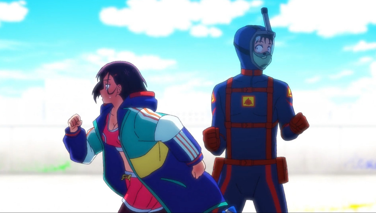 Shizuka runs past Akira in his safety suit.